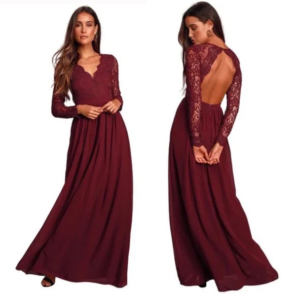 Lulus Dresses & Skirts - Lulus Burgundy Awaken My Love Long Sleeve Lace Maxi Dress Open Back Style (8737)